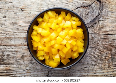 Bowl Of Chopped Bell Pepper On Wooden Background, Top View