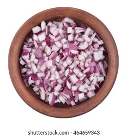 Bowl Of Chopped Red Onion On White Background. Top View.