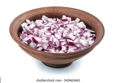 Bowl Of Chopped Red Onion On White Background. Selective Focus.