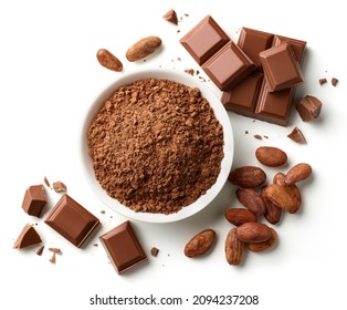 Bowl of cocoa powder, broken chocolate pieces and cocoa beans isolated on white background, top view