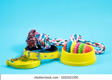 Bowl, collar with toy rope and bite rope for blue background. Product image for pet supplies.