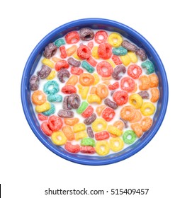 Bowl Of Colorful Children's Cereal And Milk Isolated On White With Clipping Path