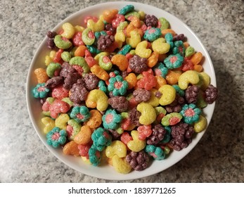 Bowl Of Colorful Fruit Cereal On Counter