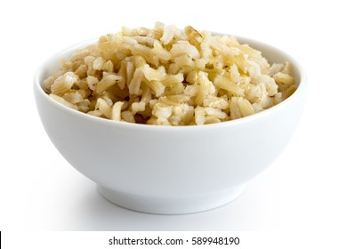 Bowl Of Cooked Long Grain Brown Rice Isolated On White.