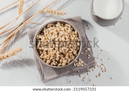 Bowl of cooked peeled barley grains porridge with ears of wheat on light background. Cooking Healthy and diet food concept.
