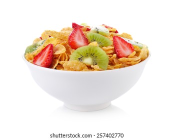 Bowl Of Corn Flakes With Fruit On White Background