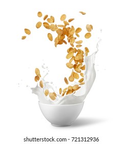 bowl of corn flakes with milk splash isolated on white - Shutterstock ID 721312936