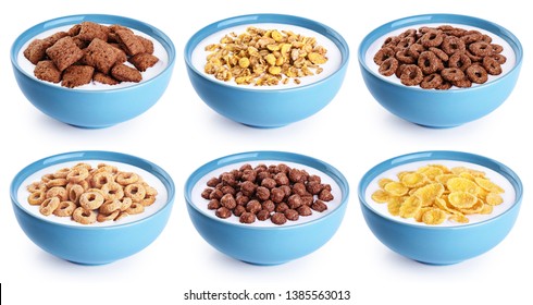 Bowl with corn pads, rings, balls, oat granola, cornflakes and yogurt isolated on white background. Cereals breakfast collection with clipping path. - Shutterstock ID 1385563013
