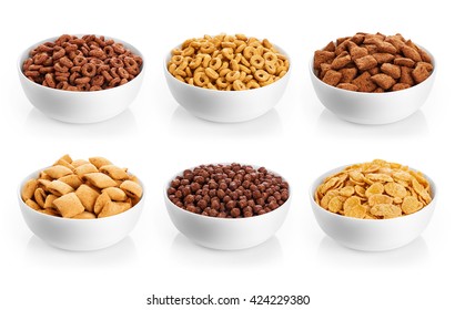 Bowl with corn pads, rings, balls and cornflakes isolated on white background. Cereals breakfast collection. - Powered by Shutterstock