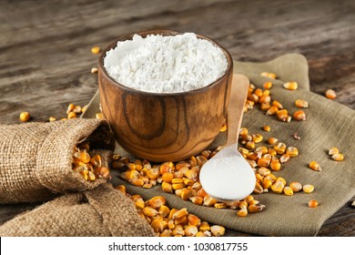 Bowl With Corn Starch And Kernels On Table