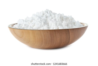 Bowl with corn starch on white background