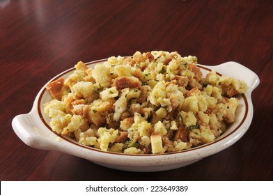 A Bowl Of Cornbread Stuffing In Turkey Broth