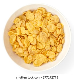 Bowl Of Cornflakes On White Surface Shot From Above. Clipping Path Included