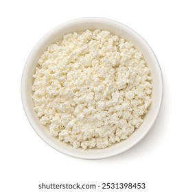 Bowl of cottage cheese isolated on white background, top view