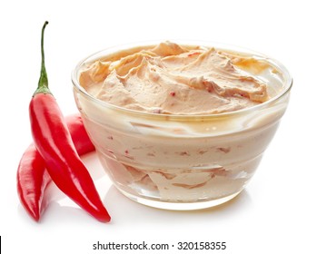 Bowl Of Cream Cheese With Chili And Tomato, Dip Sauce Isolated On White Background