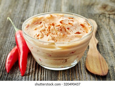 Bowl Of Cream Cheese With Chili And Tomato, Dip Sauce Wooden Table