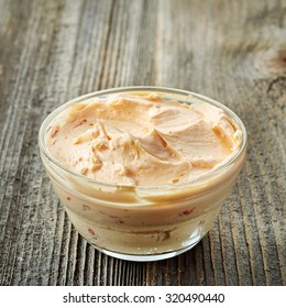 Bowl Of Cream Cheese With Chili And Tomato, Dip Sauce Wooden Table