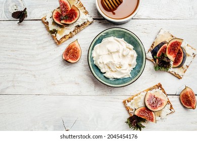 Bowl Of Cream Cheese. Philadelphia Cheese Crackers. Healthy Snack. Banner, Menu, Recipe Place For Text, Top View.