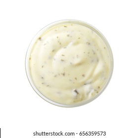 Bowl Of Creamy Salad Dressing On White Background