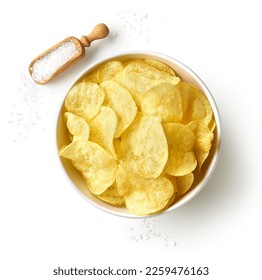 Bowl of crispy potato chips or crisps with salt isolated on white background, top view - Shutterstock ID 2259476163