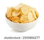 Bowl of crispy wavy potato chips or crisps isolated on white background. Party food. Salty snack