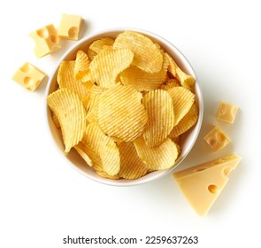 Bowl of crispy wavy potato chips or crisps with cheese flavor isolated on white background, top view - Powered by Shutterstock