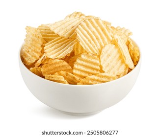 Bowl of crispy wavy potato chips or crisps isolated on white background. Party food. Salty snack