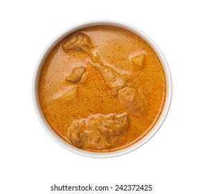 Bowl Of Curry Chicken With Lots Of Gravy Isolated On White Background 