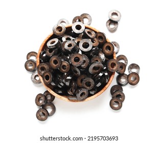 Bowl Of Cut Black Olives On White Background