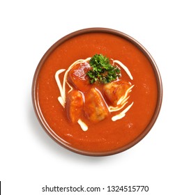 Bowl Of Delicious Butter Chicken On White Background, Top View. Traditional Indian Murgh Makhani