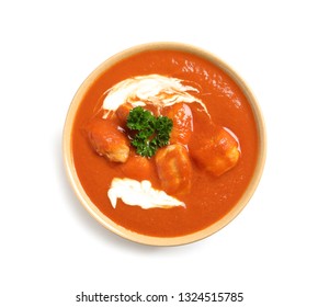 Bowl Of Delicious Butter Chicken On White Background, Top View. Traditional Indian Murgh Makhani