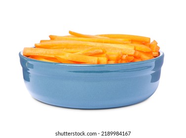 Bowl Of Delicious Carrot Sticks Isolated On White