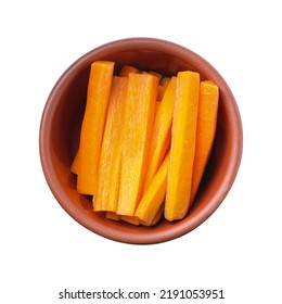 Bowl Of Delicious Carrot Sticks Isolated On White, Top View