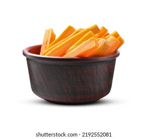 Bowl Of Delicious Carrot Sticks Isolated On White