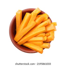 Bowl Of Delicious Carrot Sticks Isolated On White, Top View