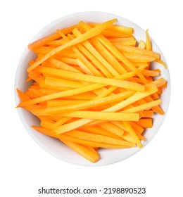 Bowl Of Delicious Carrot Sticks Isolated On White, Top View