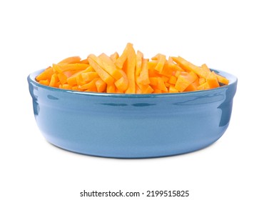 Bowl Of Delicious Carrot Sticks Isolated On White