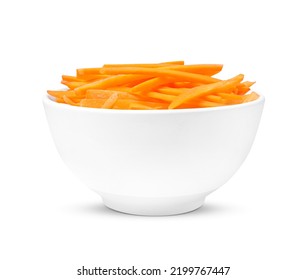 Bowl Of Delicious Carrot Sticks Isolated On White