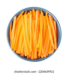 Bowl Of Delicious Carrot Sticks Isolated On White