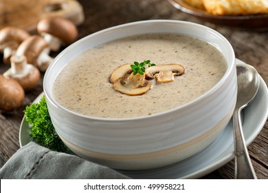 A Bowl Of Delicious Homemade Cream Of Mushroom Soup.