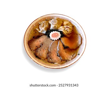 A bowl of delicious Japanese ramen with sliced beef, wontons, and a narutomaki. This hearty and flavorful dish is perfect for a satisfying meal - Powered by Shutterstock