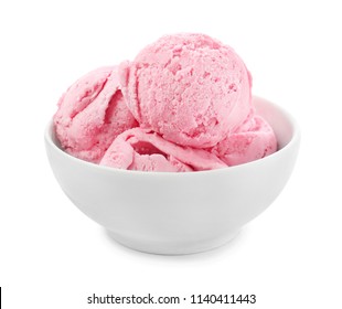Bowl with delicious raspberry ice-cream on white background