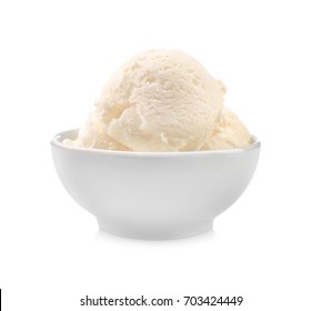 Bowl with delicious vanilla ice-cream on white background