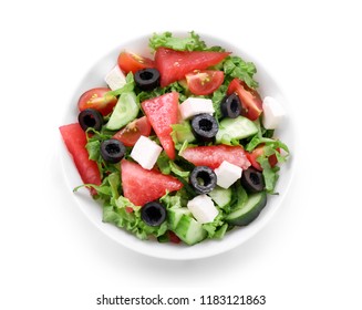 Bowl With Delicious Watermelon Salad On White Background