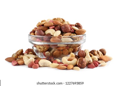 Bowl With Different Mixed Nuts Isolated On White Background