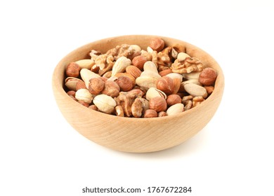 Bowl With Different Nuts Isolated On White Background. Vitamin Food