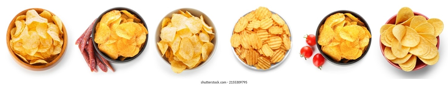 Bowl with different tasty potato chips on white background, top view - Shutterstock ID 2155309795