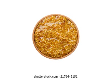 Bowl Of Dijon Mustard Sauce Isolated On White Background. Top View.