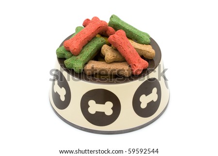 A bowl of dog treats isolated on a white background, treat your dog