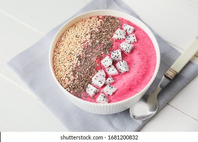 Bowl With Dragon Fruit Smoothie On Table